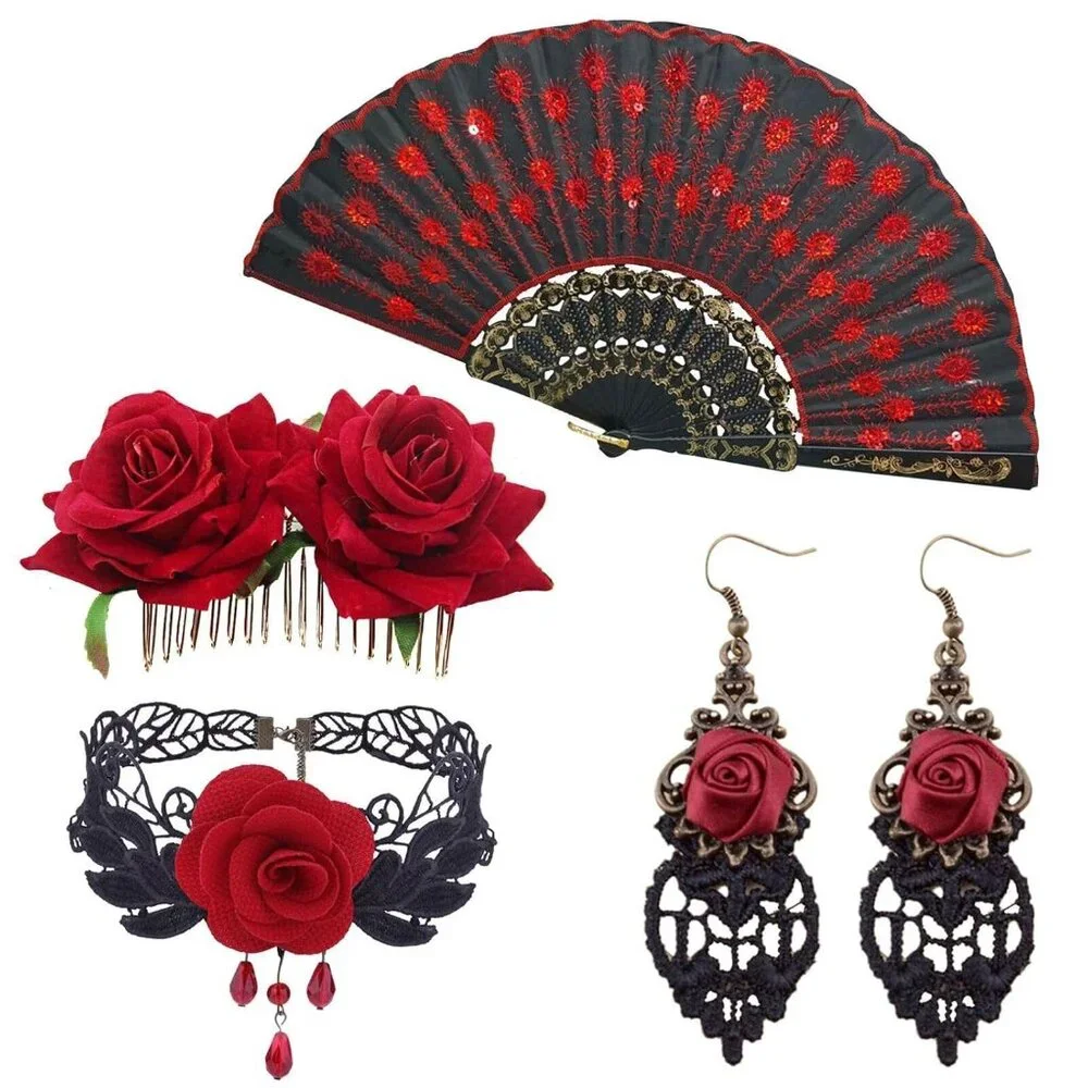 Women Rose Flower Hair Clip Flamenco Accessories,Embroidered Sequins Fabric Hand - Picture 1 of 7